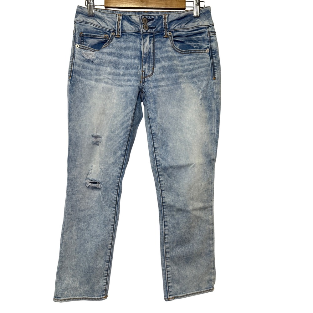 American Eagle Super Stretch Light Wash Distressed Flap Pocket Jeans 6 Cropped